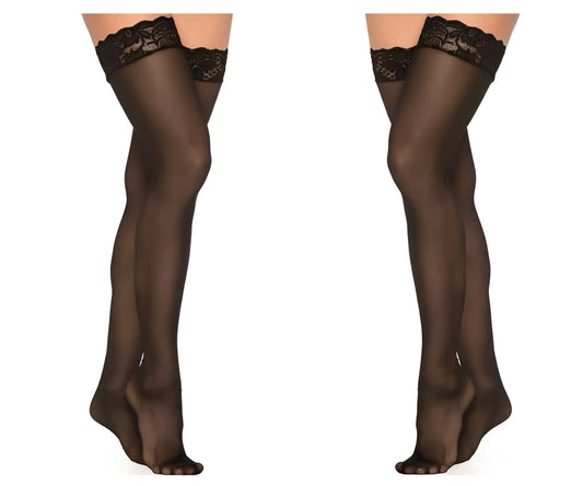 Black lace mapale 1094 mesh thigh highs with sheer smooth texture and floral embroidery on top edge in black