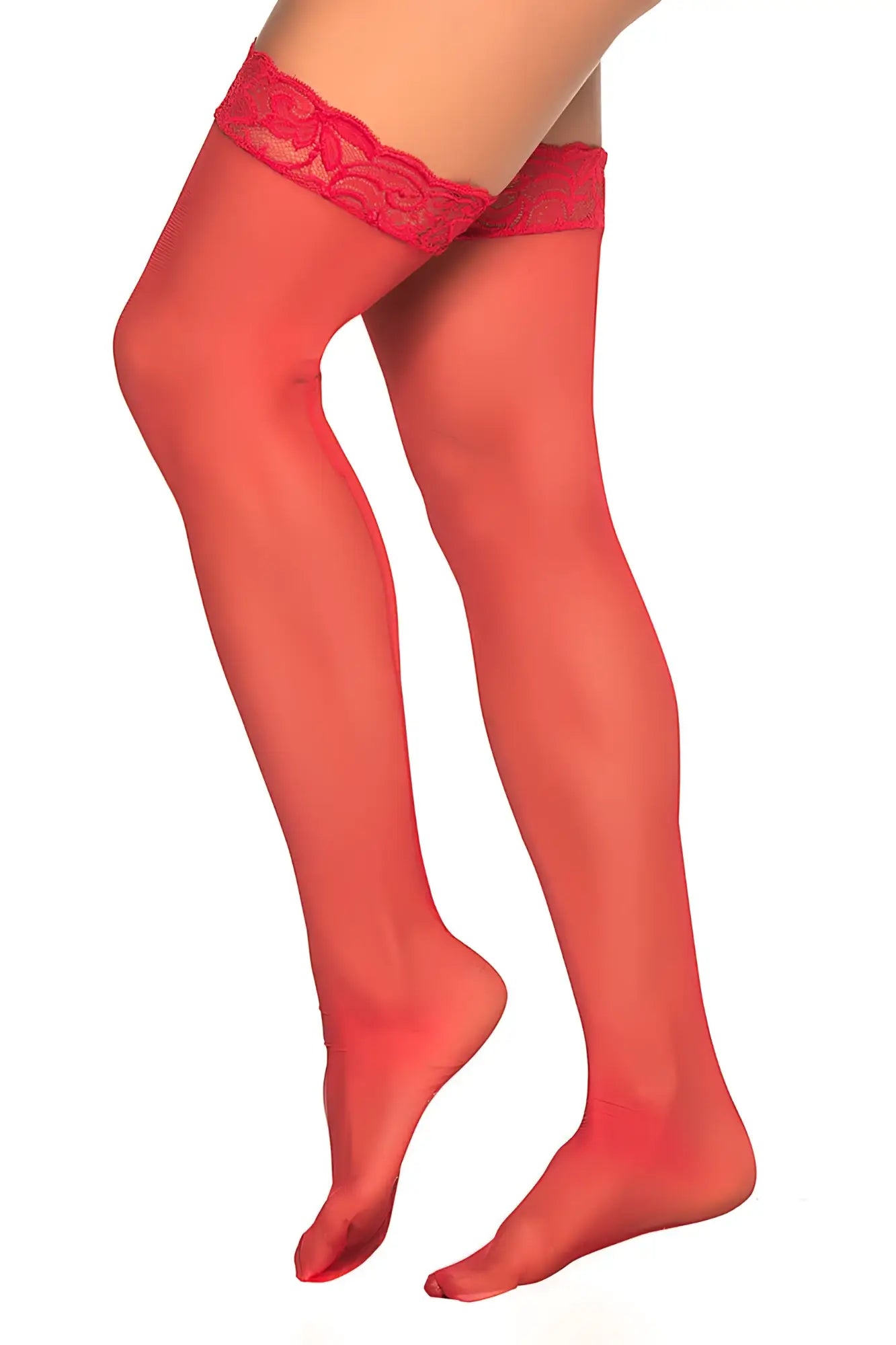 Mapale 1094 mesh thigh highs in red sheer fabric with delicate lace trim at the top for a stylish look