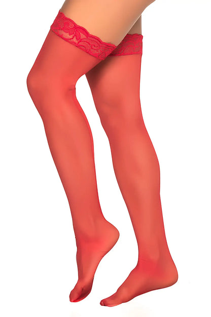 Mapale 1094 mesh thigh highs in red sheer fabric with delicate lace trim at the top for a stylish look