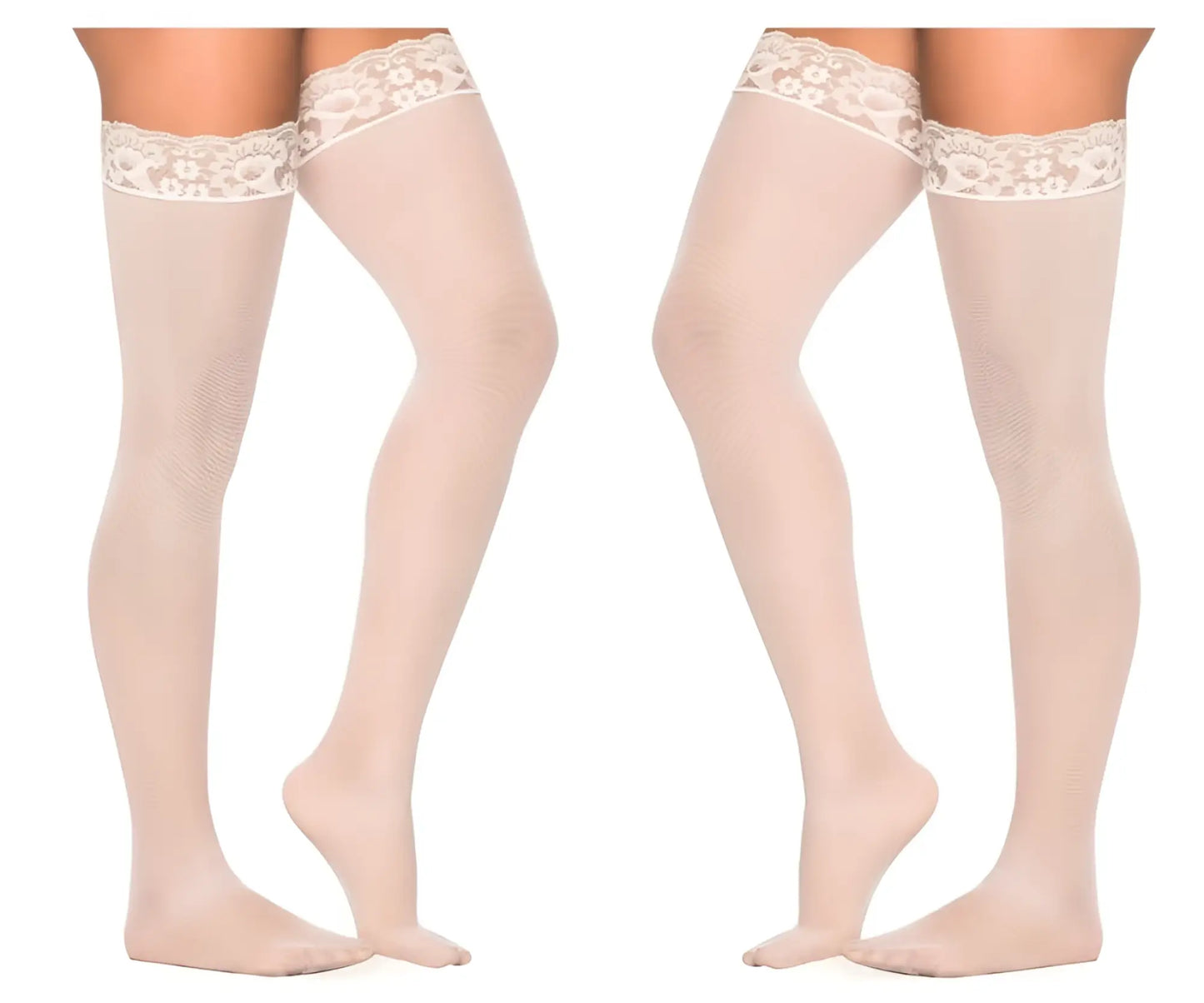 Beige lace-edged thigh-high stockings in mesh material from mapale 1094 perfect for elegant lingerie wear