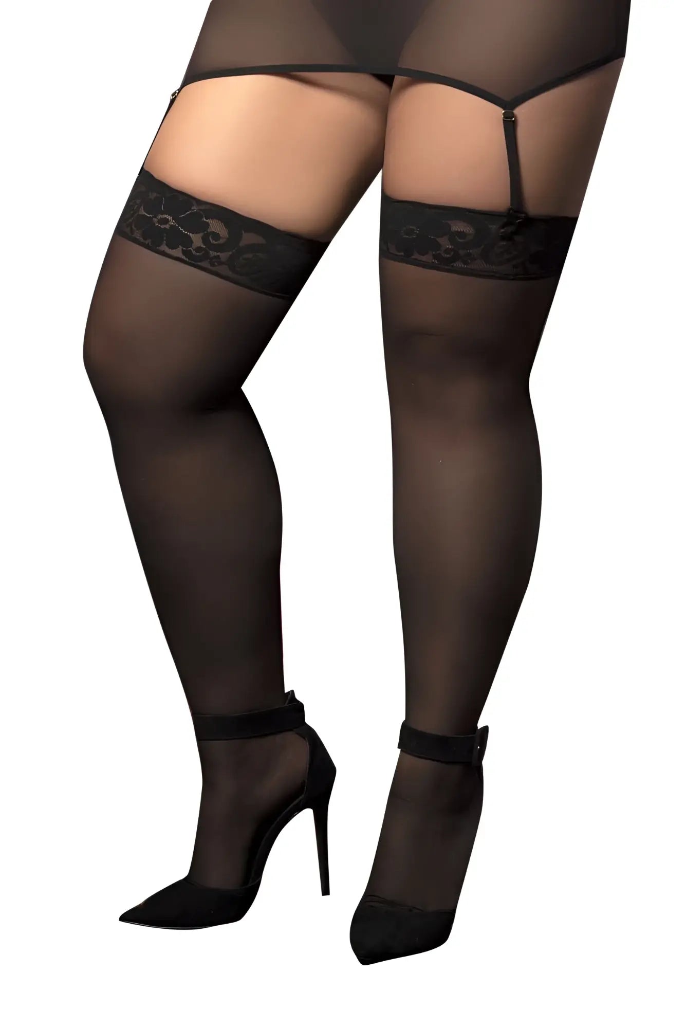 Black sheer mesh thigh-high stockings with lace trim and adjustable garter straps by mapale 1094x