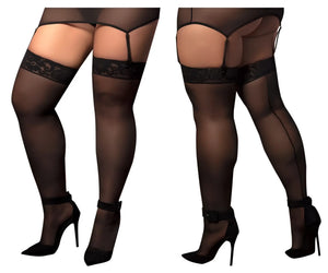 Black sheer mesh thigh high stockings with lace trim and adjustable garter straps by mapale 1094x color black