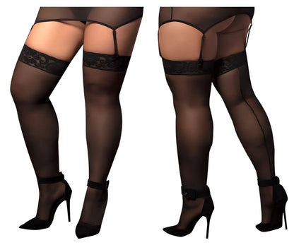 Black sheer mesh thigh high stockings with lace trim and adjustable garter straps by mapale 1094x color black