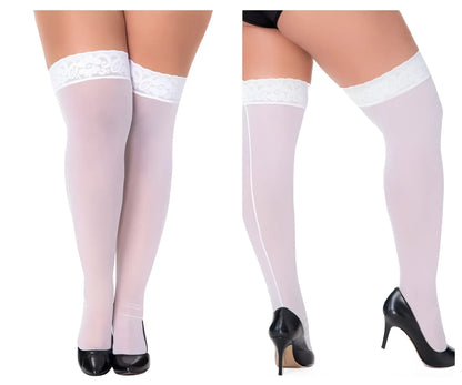 Translucent white mesh thigh highs with delicate lace trim at the top by mapale 1094x in color white