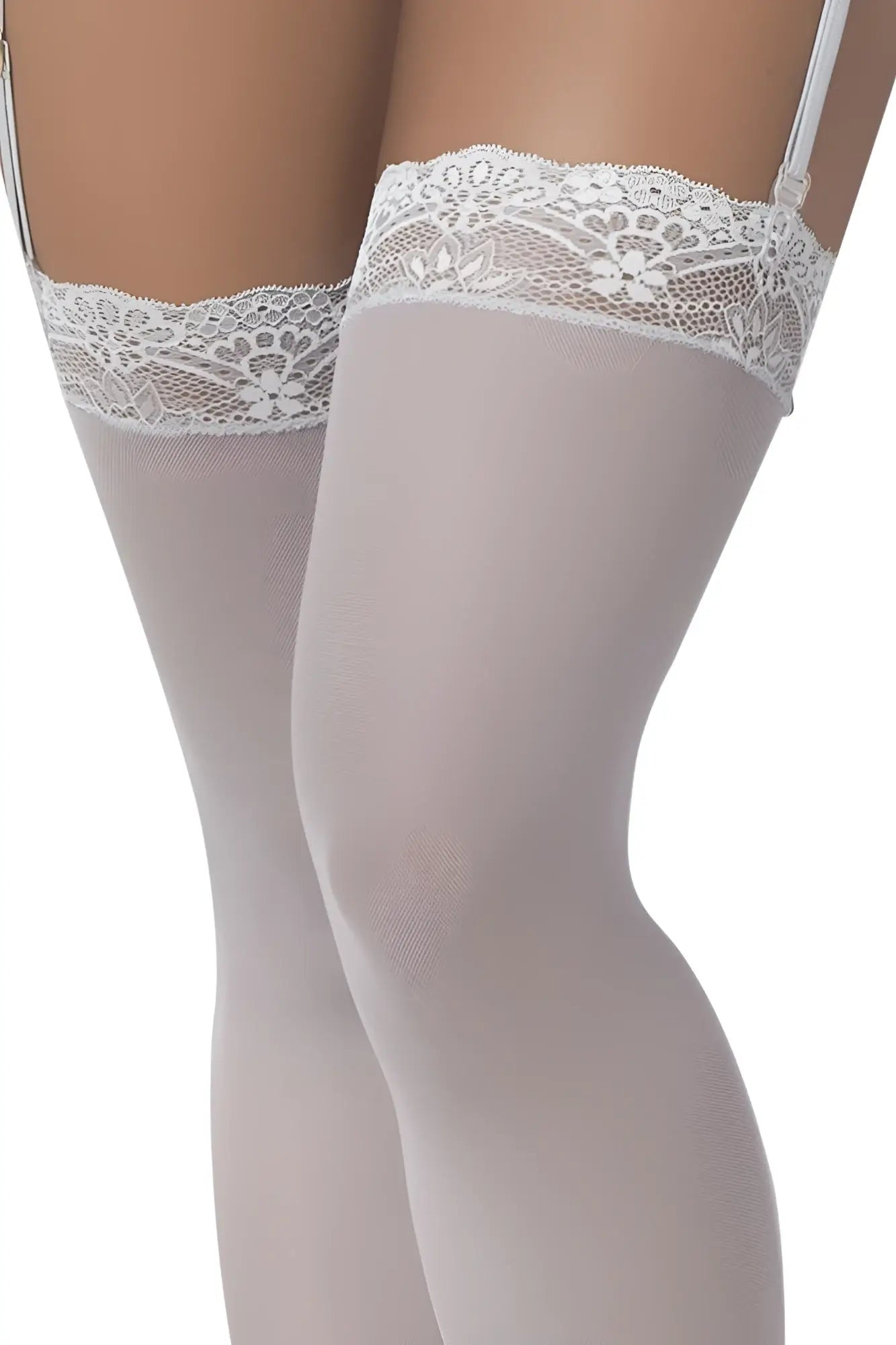 White lace-trimmed shoreline gray mesh thigh-high stockings with floral patterns and thin straps by Mapale