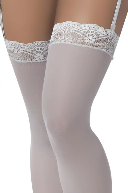 White lace-trimmed shoreline gray mesh thigh-high stockings with floral patterns and thin straps by Mapale