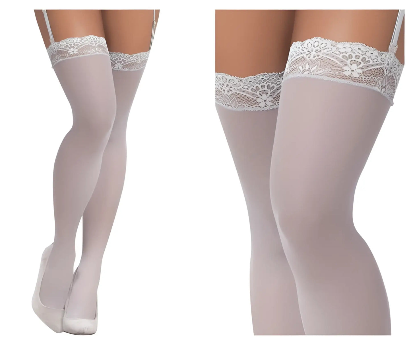 Mapale 1097 mesh thigh high stockings in shoreline gray with white lace trim floral patterns and thin straps