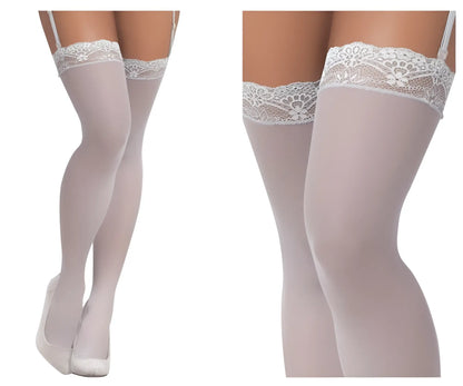 Mapale 1097 mesh thigh high stockings in shoreline gray with white lace trim floral patterns and thin straps