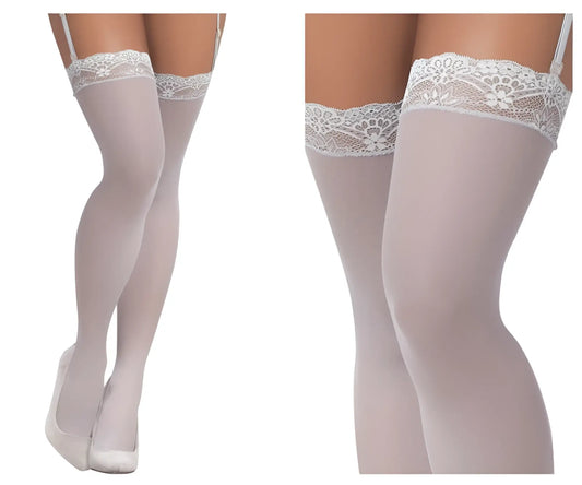 Mapale 1097 mesh thigh high stockings in shoreline gray with white lace trim floral patterns and thin straps