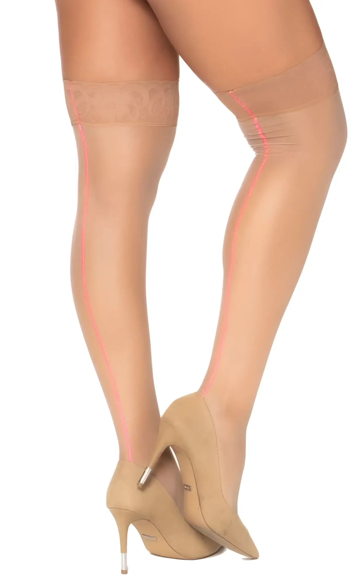 Mapale 1099 mesh nude thigh highs with beige sheer fabric, lace band, and subtle pink side stitching