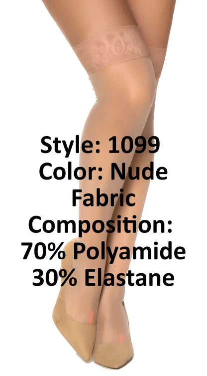 Nude-colored sheer thigh high stockings with delicate lace band made from 70 polyamide 30 elastane by mapale