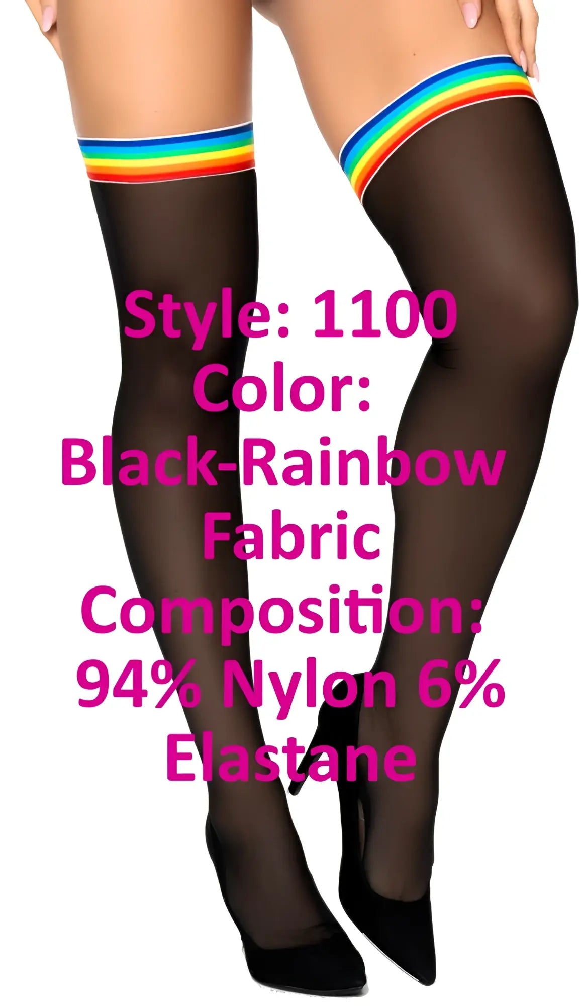 Black mesh thigh high stockings with a vibrant rainbow band at the top by Mapale model 1100