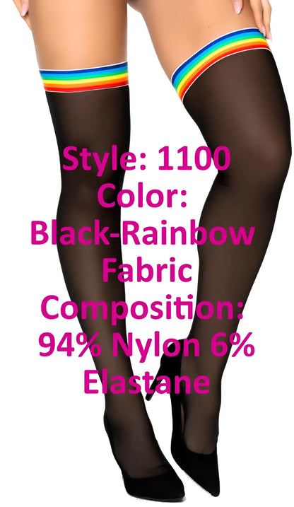 Black mesh thigh high stockings with a vibrant rainbow band at the top by Mapale model 1100