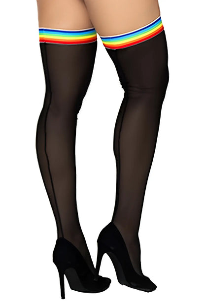 Black sheer mesh thigh high stockings with a colorful rainbow stripe top by Mapale model 1100 in black-rainbow