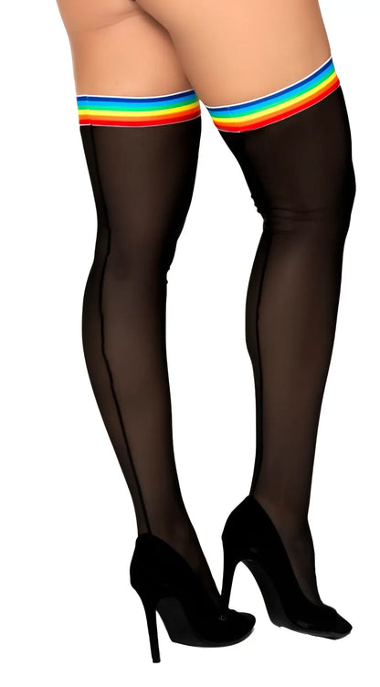 Black sheer mesh thigh high stockings with colorful rainbow striped elastic band by Mapale 1100 collection