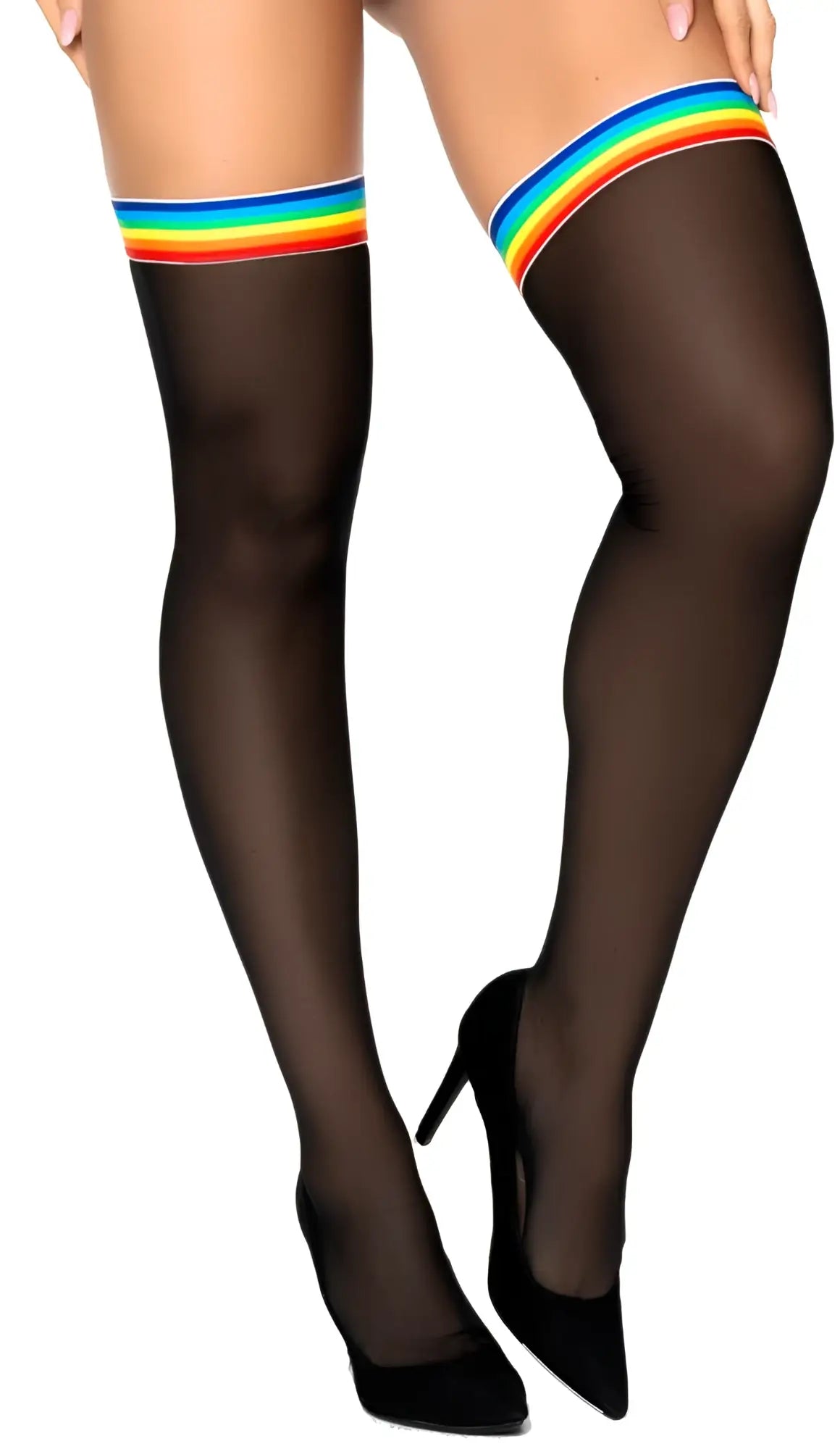Black sheer mesh thigh high stockings with a vibrant rainbow-striped elastic band by Mapale model 1100