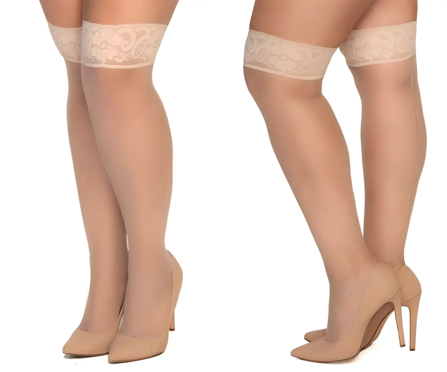Mapale 1101 mesh nude thigh highs with beige lace cuffs and sheer smooth texture for elegant legwear