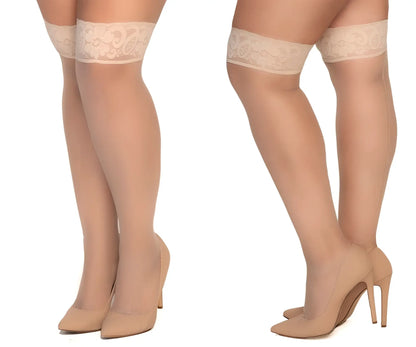 Mapale 1101 mesh nude thigh highs with beige lace cuffs and sheer smooth texture for elegant legwear
