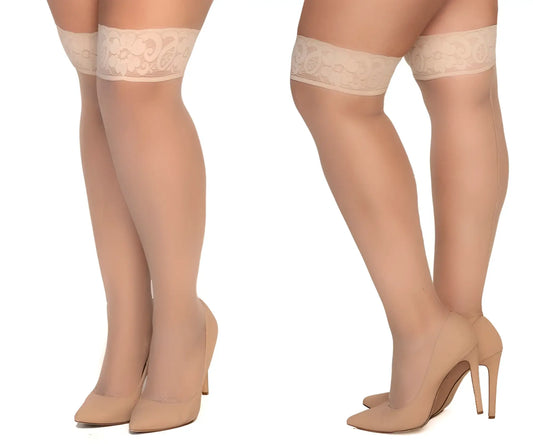 Mapale 1101 mesh nude thigh highs with beige lace cuffs and sheer smooth texture for elegant legwear