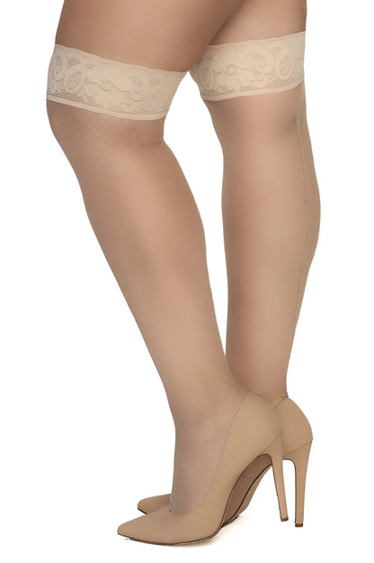 Beige lace-edged mapale 1101 mesh thigh highs in nude color with sheer smooth texture
