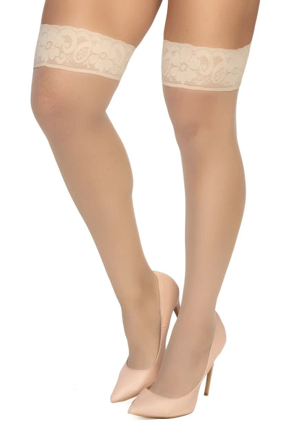 Beige lace-edged nude mesh thigh-high stockings by Mapale with sheer texture and elegant detailing