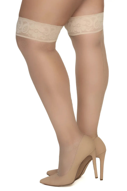 Beige lace-edged mesh thigh high stockings in nude color paired with matching high-heeled pumps by Mapale 1101X