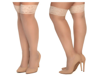 Beige mesh thigh-high stockings with lace edges and sheer smooth texture in nude color by Mapale 1101X