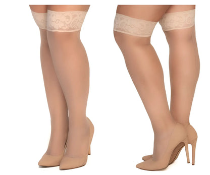 Beige mesh thigh-high stockings with lace edges and sheer smooth texture in nude color by Mapale 1101X
