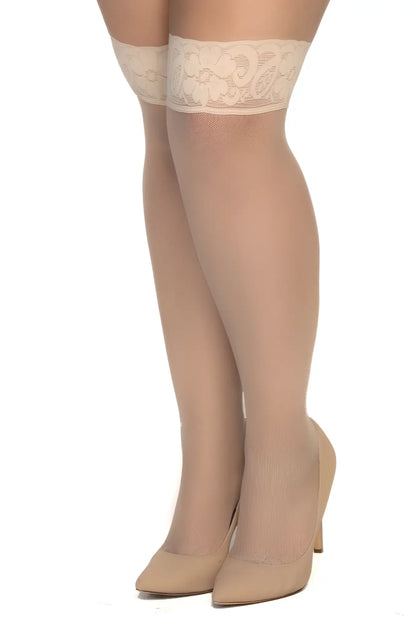 Beige lace-edged nude mesh thigh-high stockings with sheer ribbed texture from mapale 1101x collection