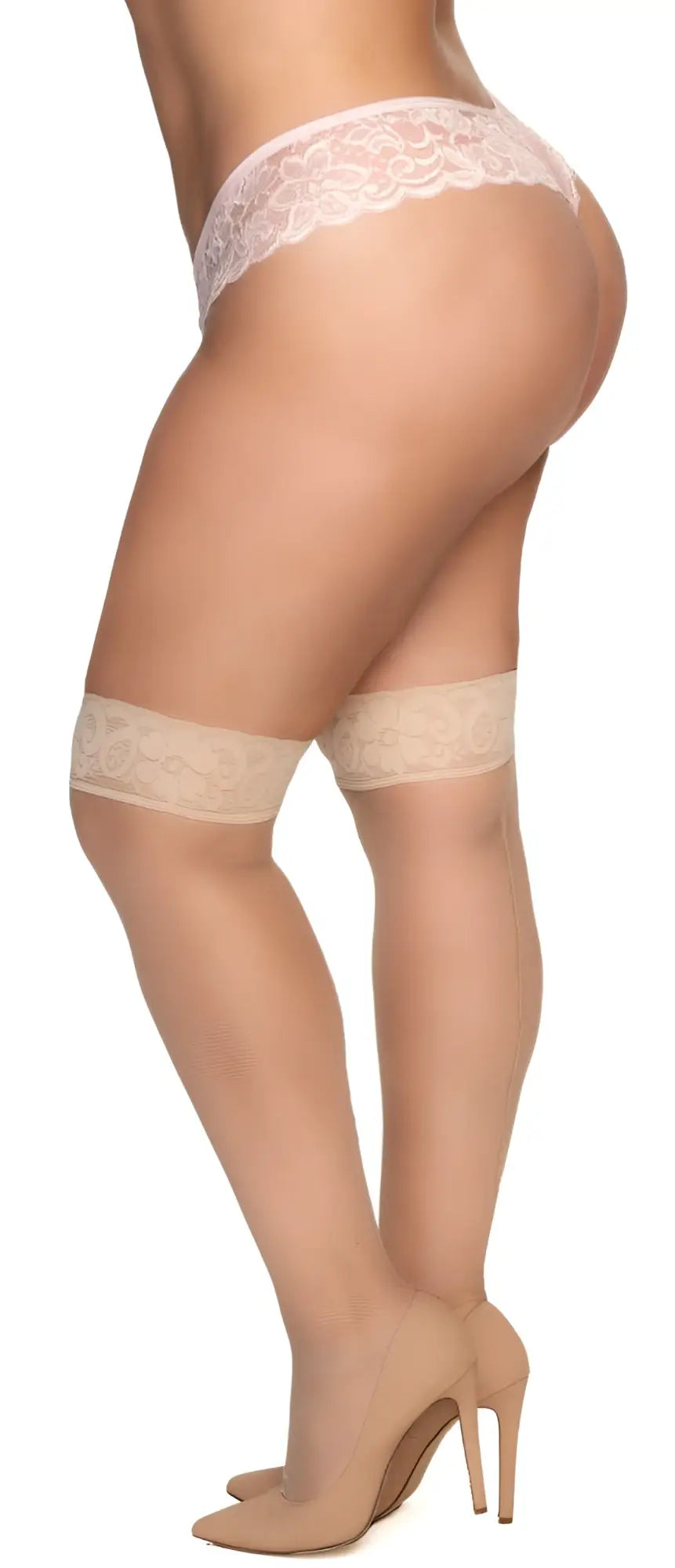 Beige lace mesh thigh high stockings with delicate floral embroidery and sheer smooth texture nude color by Mapale