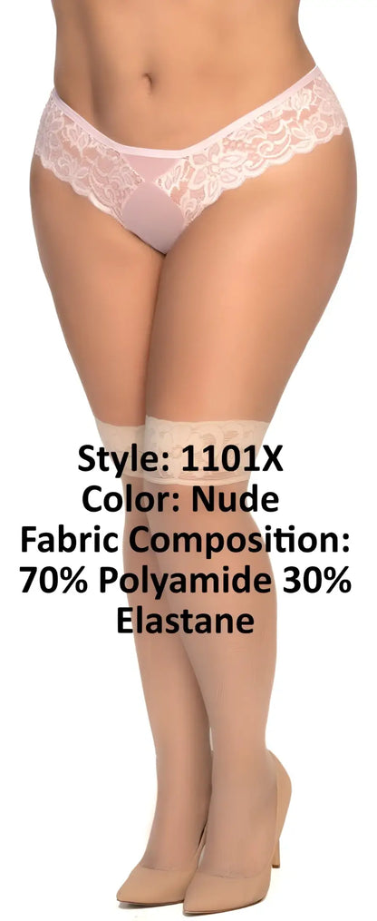 Nude lace-trimmed women’s underwear in sheer stretchy fabric blend shown from the back for mapale 1101x mesh thigh highs