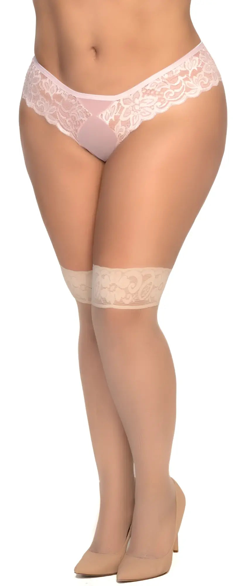 Pink lace thong with matching nude sheer mesh thigh highs and lace cuffs from mapale 1101x collection shown from back