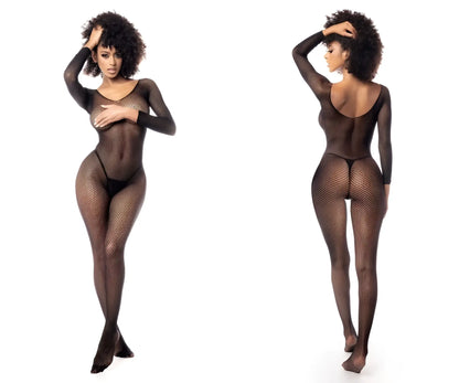 Black fishnet bodysuit with long sleeves and backless design from mapale 1102 long sleeved fishnet bodystocking