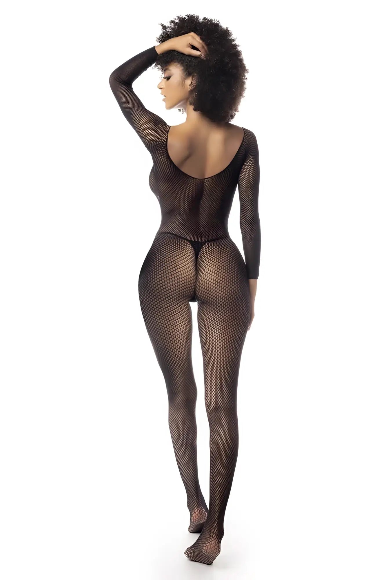 Black fishnet bodysuit with long sleeves and backless design from mapale 1102 showcasing the back side