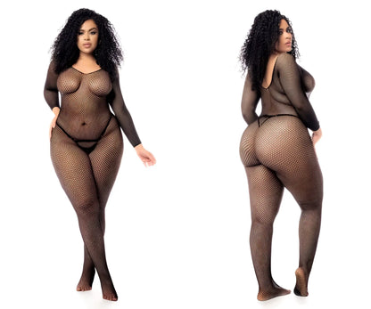 Black long sleeved fishnet bodysuit with matching thong by Mapale 1102X ideal for sexy lingerie looks