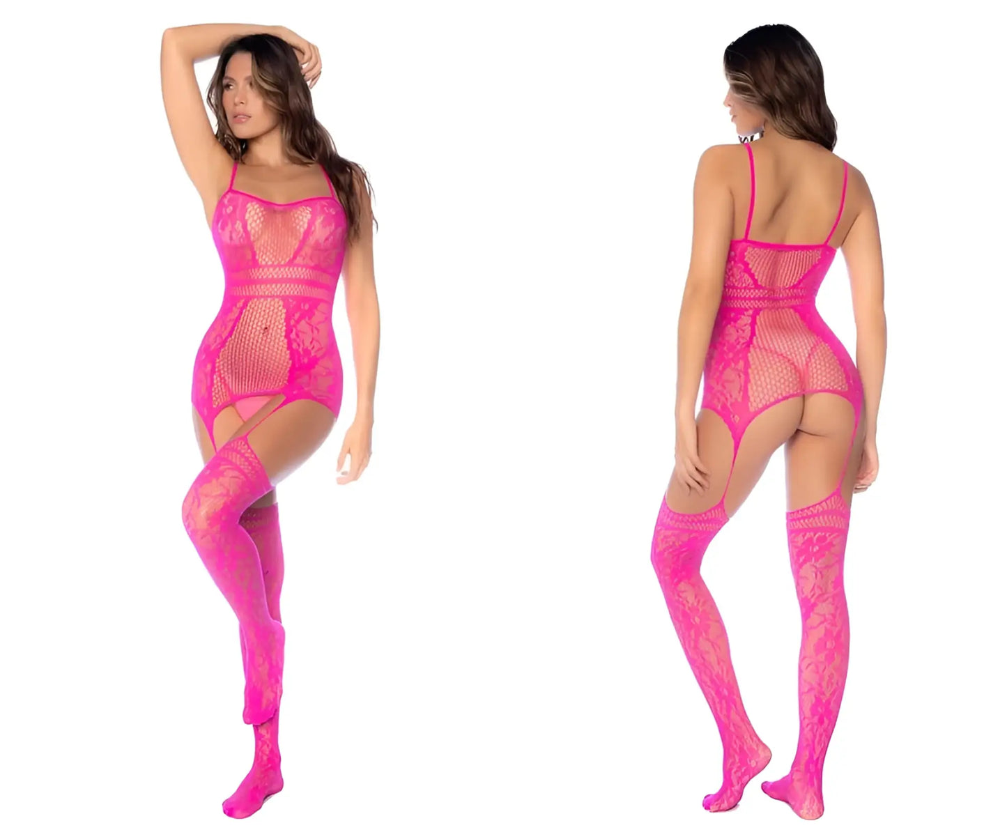 Bright pink neon pink mapale 1105 fishnet lace bodysuit with matching thigh-high stockings shown from the back
