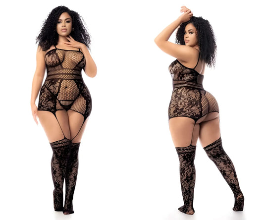 Black lace fishnet bodysuit with matching thigh-high stockings by Mapale in black shown from the back side