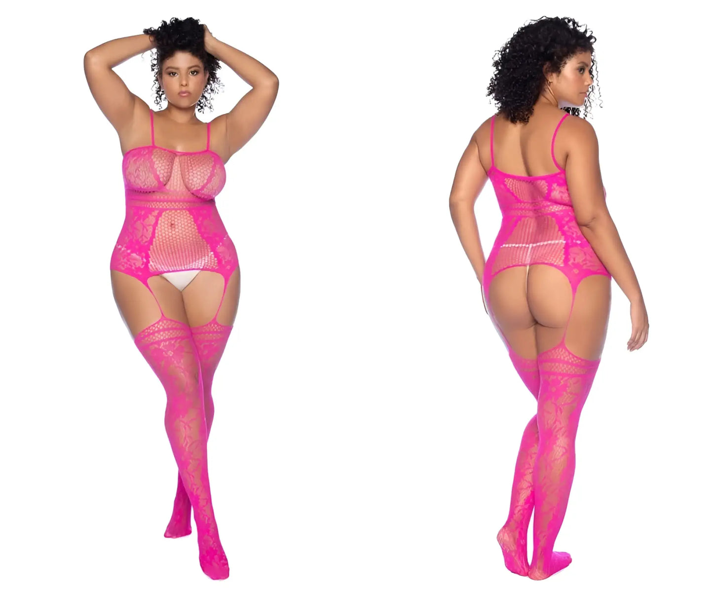 Bright pink neon lace fishnet bodysuit with matching thigh-high stockings and garter straps by mapale 1105x