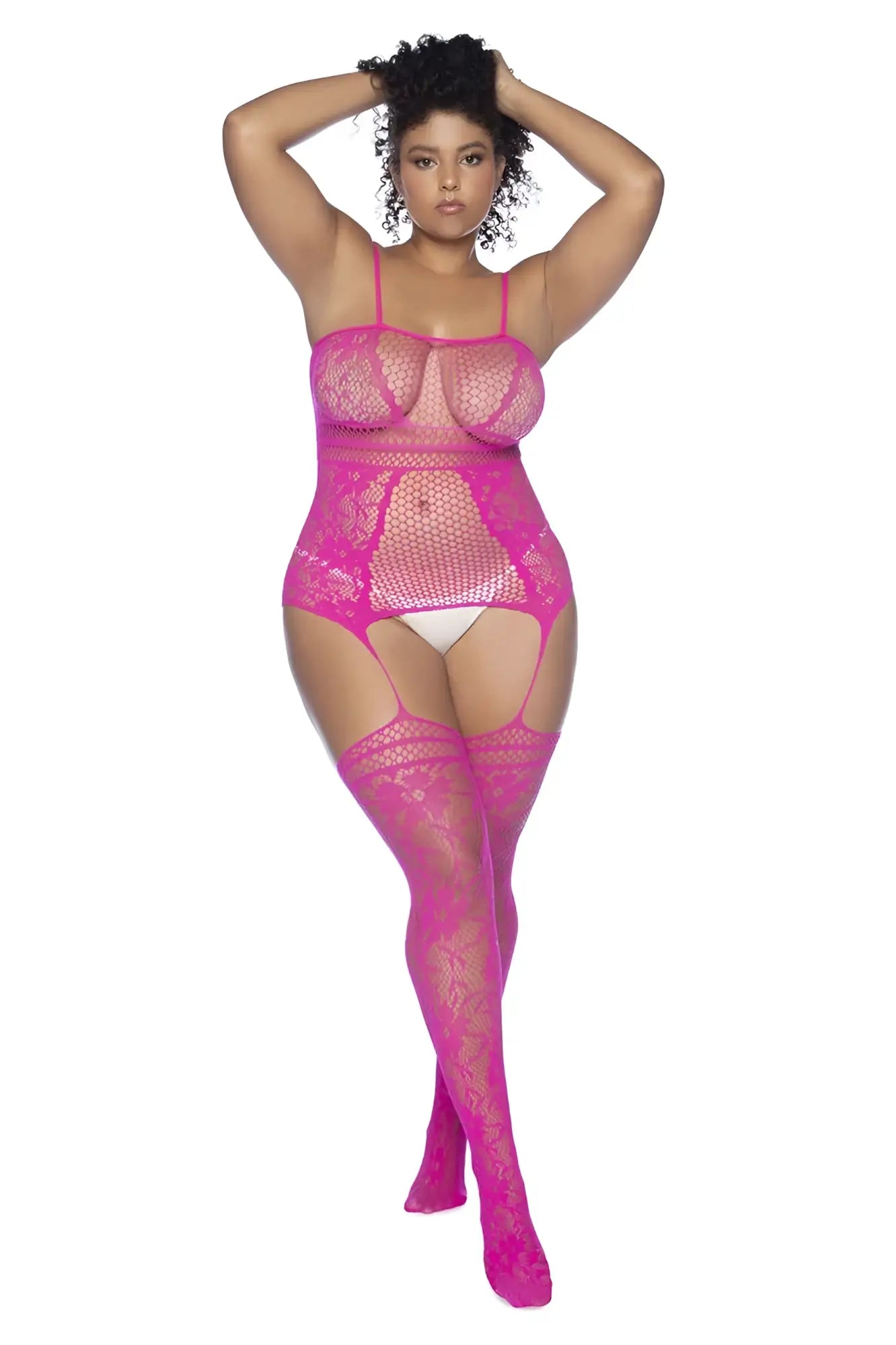Bright pink neon Mapale 1105X fishnet mesh bodysuit with lace detailing and thigh-high stockings