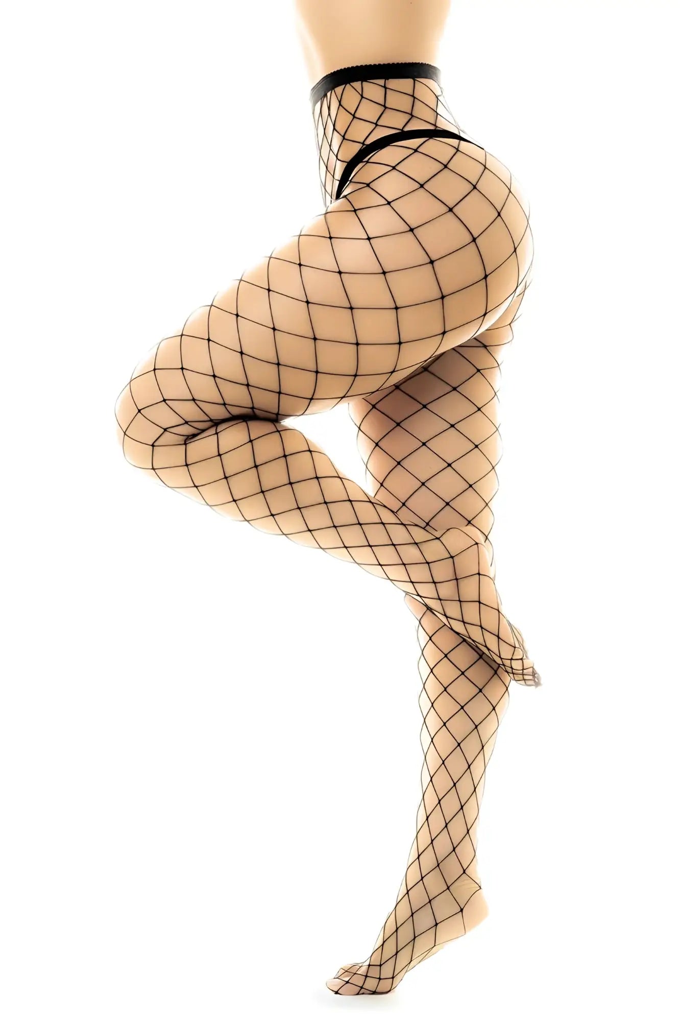 Black mapale 1106 fence net pantyhose featuring high-waisted design and sheer grid-patterned fishnet fabric