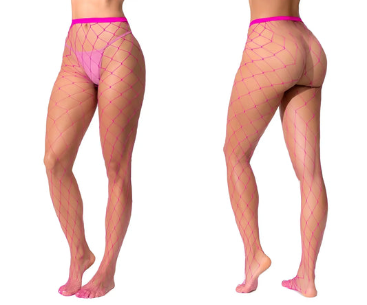 Mapale 1106 fence net pantyhose in neon pink featuring fuchsia mesh fishnet with a matching elastic waistband