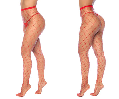 Red fishnet pantyhose with sheer mesh texture and matching waistband from mapale 1106 fence net in red
