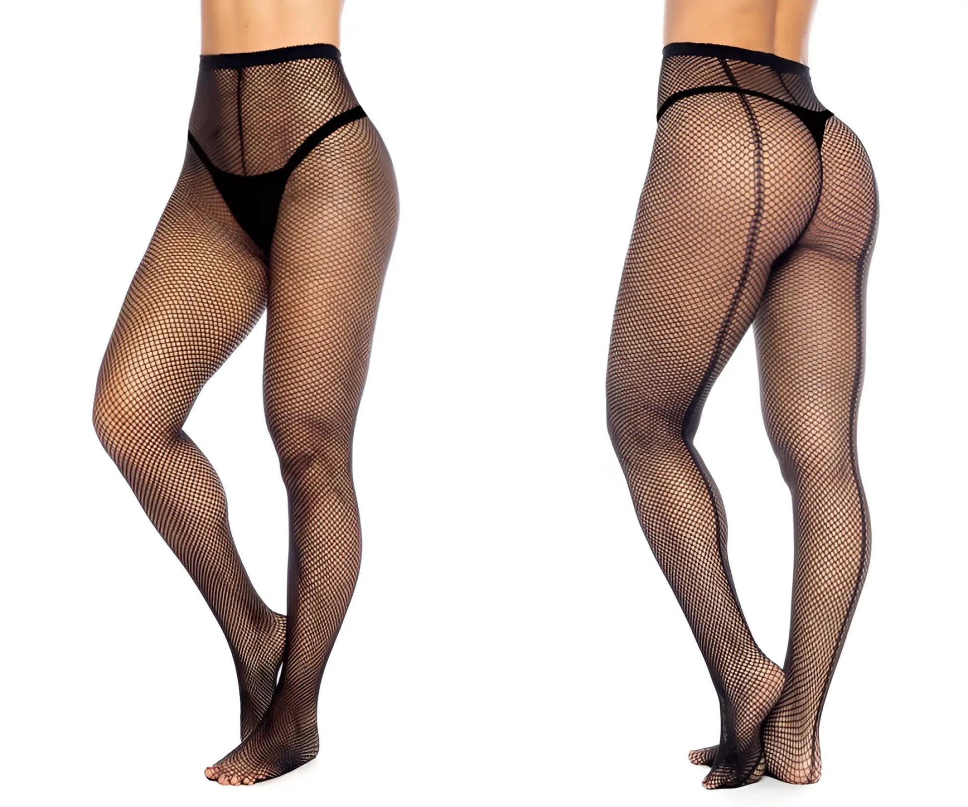 Black mapale 1107 fishnet pantyhose with high-waisted design and sheer mesh texture