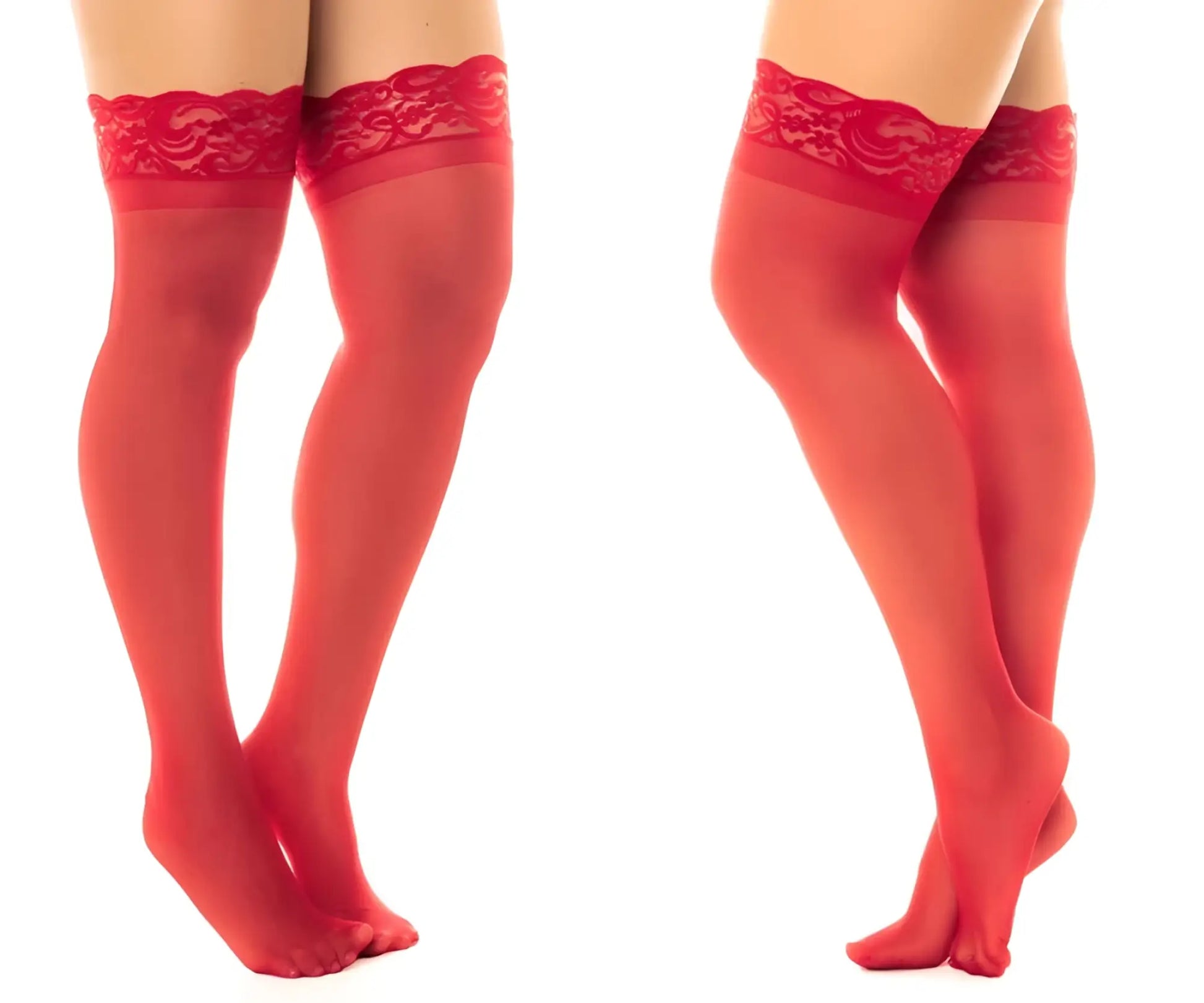 Mapale 1108 sheer red thigh highs with intricate lace detailing at the top designed for stay up comfort