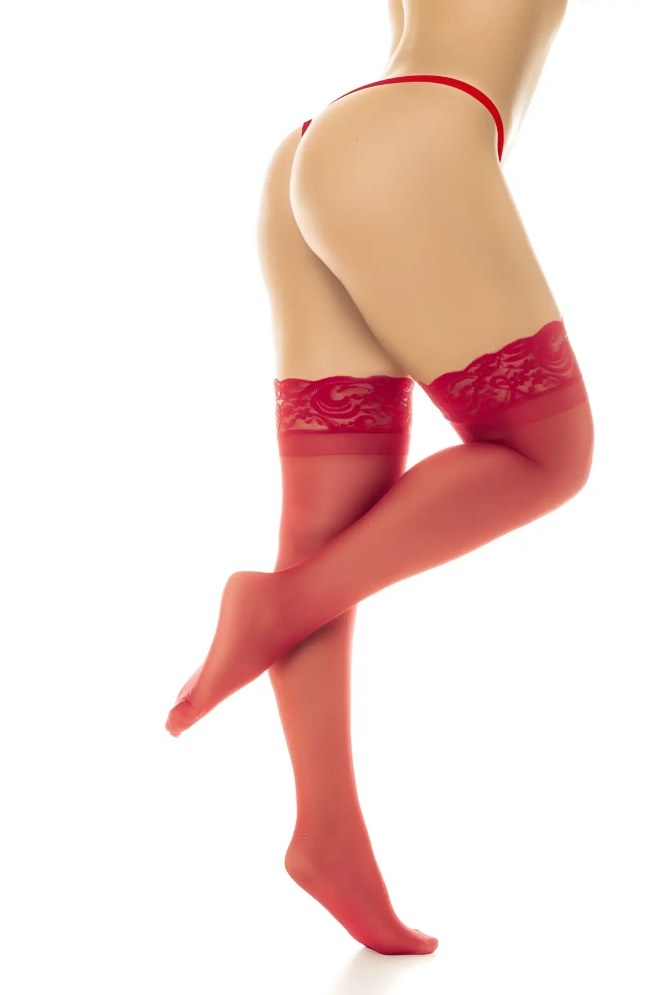 Mapale 1108 sheer red lace thigh highs with floral embroidery and translucent fabric for a stay-up fit