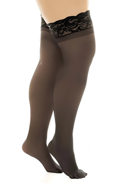Black sheer thigh high stockings with lace edges from mapale 1108x in black with stay up feature