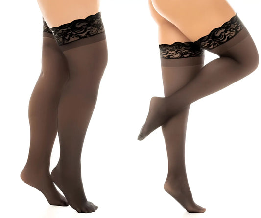 Black lace-edged sheer thigh high stockings in black by mapale 1108x with stay up silicone band