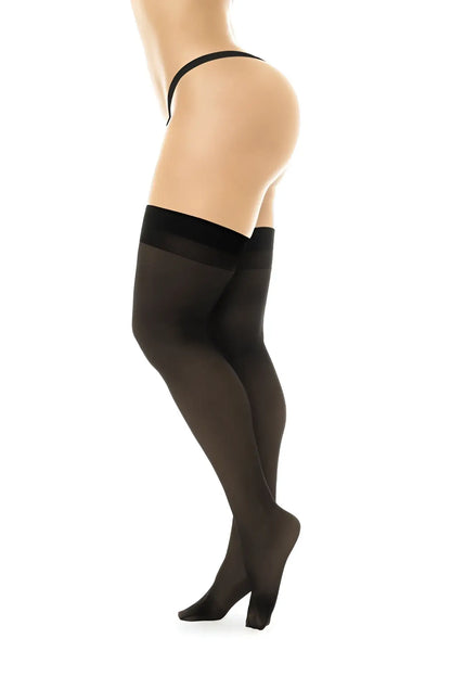 Black sheer thigh high stockings by Mapale 1109 featuring a solid black elastic band at the top
