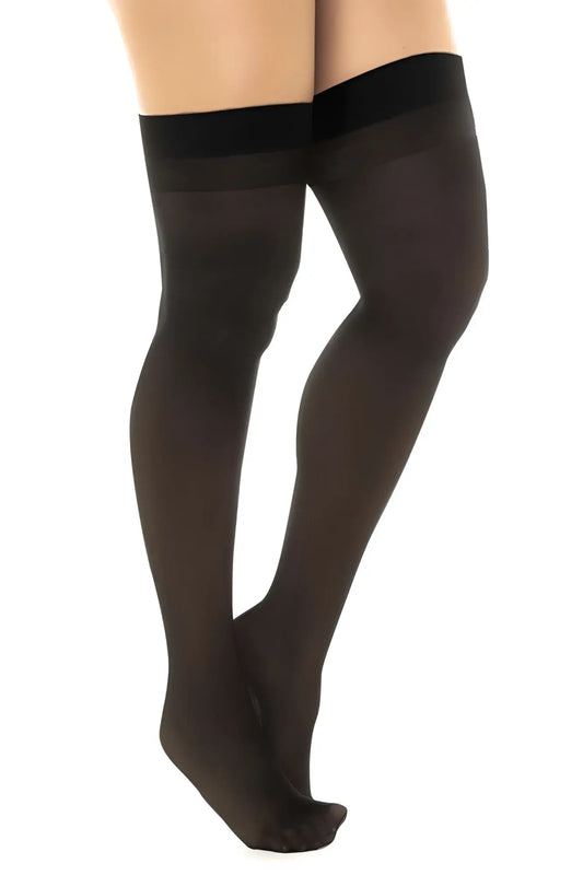 Mapale 1109 sheer black thigh high stockings with a solid elastic band at the top in black color