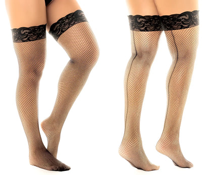 Black lace-trimmed fishnet thigh high stockings by Mapale 1110 in black showing front view design
